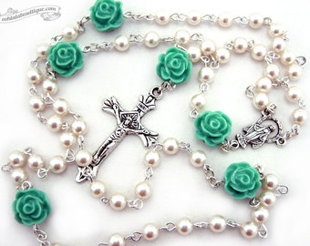 Rose rosary necklace, white pearl rosary, holy communion rosary, baptism rosaries, girls rosary, ladies rosaries, confirmation rosary gift