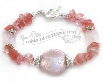 Pink focal bead bracelet Strawberry Quartz chip bracelet Pink bracelet gemstone jewelry healing bracelet murano glass bracelet calming gift