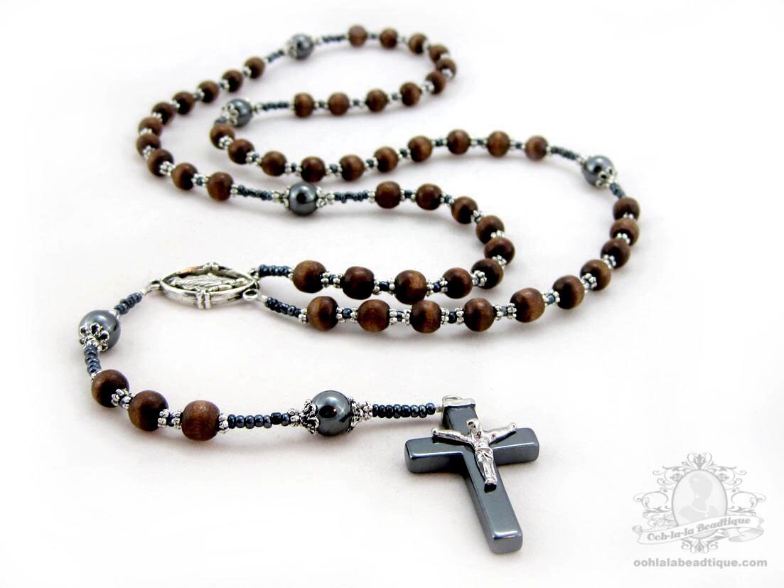Heaven Catholic brown wood wooden rosary ring rosary beads R cross one decade