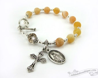 Yellow catholic bracelet rosary, agate rosary, confirmation rosary, single decade rosary, communion gift, miraculous medal yellow rosary