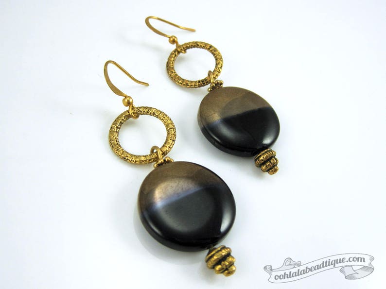 Black Gold earrings black coin earrings statement jewelry circle earrings glass jewelry boho earrings golden wife gift for girlfriend image 4