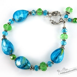 Blue Green Lampwork Bracelet blue bead bracelet birthstone jewelry gift holiday bracelet murano glass bracelet gift for her bling jewelry image 3