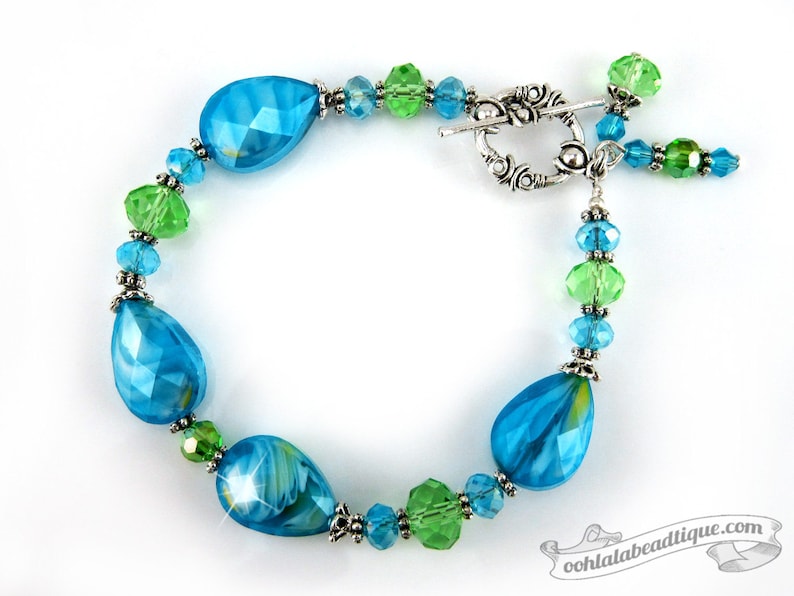 Blue Green Lampwork Bracelet blue bead bracelet birthstone jewelry gift holiday bracelet murano glass bracelet gift for her bling jewelry image 3