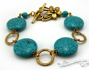 Turquoise Bracelet, birthstone bracelet, turquoise magnestie bracelet, gold bracelet, gemstone bracelet, coin bracelet, flower bracelet,gift