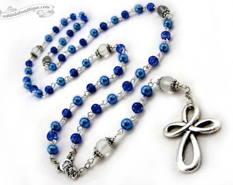 Blue glass rosary necklace, confirmation rosary, holy communion rosary, catholic rosary, gift, baptism rosary, boys rosaries, girls rosaries