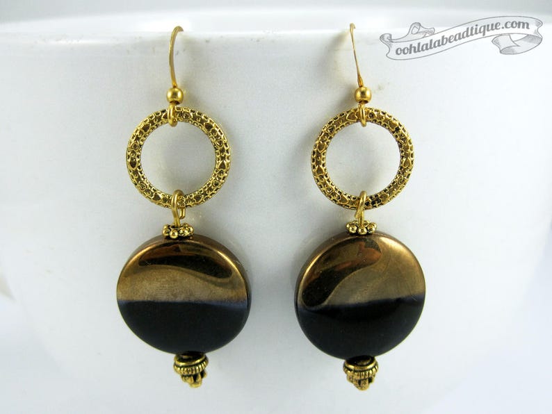 Black Gold earrings black coin earrings statement jewelry circle earrings glass jewelry boho earrings golden wife gift for girlfriend image 2