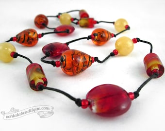 Red and Yellow Murano Necklace red lampwork necklace glass jewelry red Venetian glass necklace yellow murano glass bead necklace gift