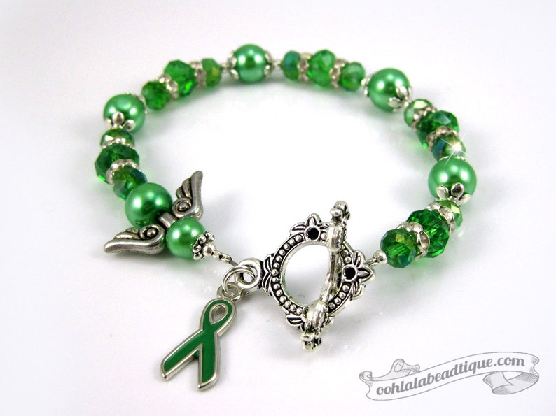 Gallbladder Cancer bracelet awareness jewelry Guardian Angel bracelet hope bracelet cancer awareness green ribbon bracelet cancer jewelry image 1