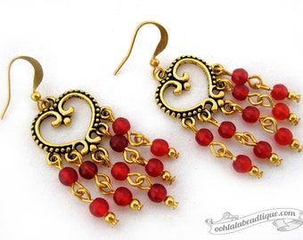 Red chandelier earrings red glass earrings bohemian dangles gypsy earrings hippie jewelry earrings gold chandelier earrings gift for her