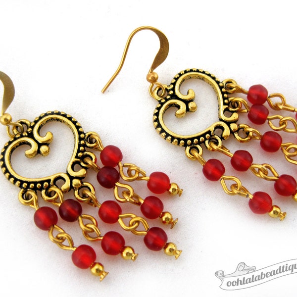 Red chandelier earrings red glass earrings bohemian dangles gypsy earrings hippie jewelry earrings gold chandelier earrings gift for her