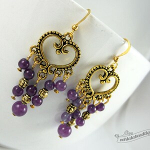 Violet chandelier earrings purple earrings birthstone jewelry boho earrings gypsy long earrings hippie agate earrings gold gift for wife image 2