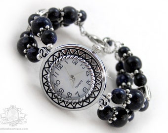 Dark blue wristwatch navy bracelet watch wrist watch bead watch ladies watch blue birthstone watch women's watch adjustable watch gift