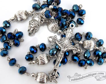 Navy Blue Crystal Rosary, blue rosary, first communion gift, confirmation rosary, rosary necklace, catholic rosary, ladies rosary for boys