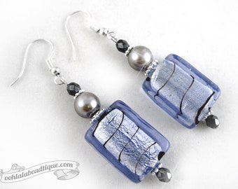 Blue murano glass earrings blue dangles glass drop earrings dangling bead earrings stripe dangles Venetian bead earrings bohemian gift