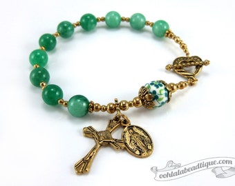 Green rosary bracelet green rosary single decade rosary Catholic Rosaries Confirmation gifts Catholic bracelet gold rosary Miraculous Medal