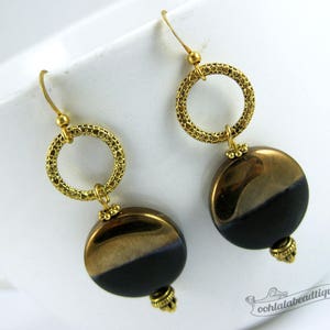 Black Gold earrings black coin earrings statement jewelry circle earrings glass jewelry boho earrings golden wife gift for girlfriend image 5