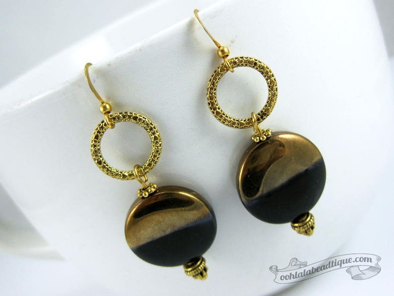 Black Gold earrings black coin earrings statement jewelry circle earrings glass jewelry boho earrings golden wife gift for girlfriend image 5