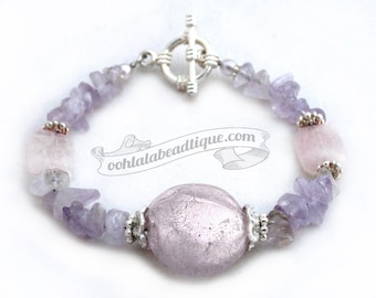 Pink focal bead bracelet lavender Amethyst chip bracelet Pink Purple bracelet gemstone jewelry healing bracelet murano glass bracelet gift