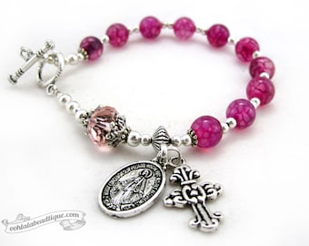 Miraculous Medal rosary bracelet fuchsia rosary pink rosaries one decade rosary catholic jewelry catholic bracelet rosary catholic gift