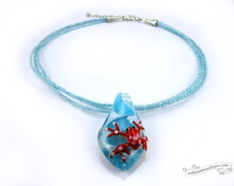 Red frog necklace turquoise necklace lampwork necklace glass jewelry statement necklace glass pendant necklace murano glass bead necklace