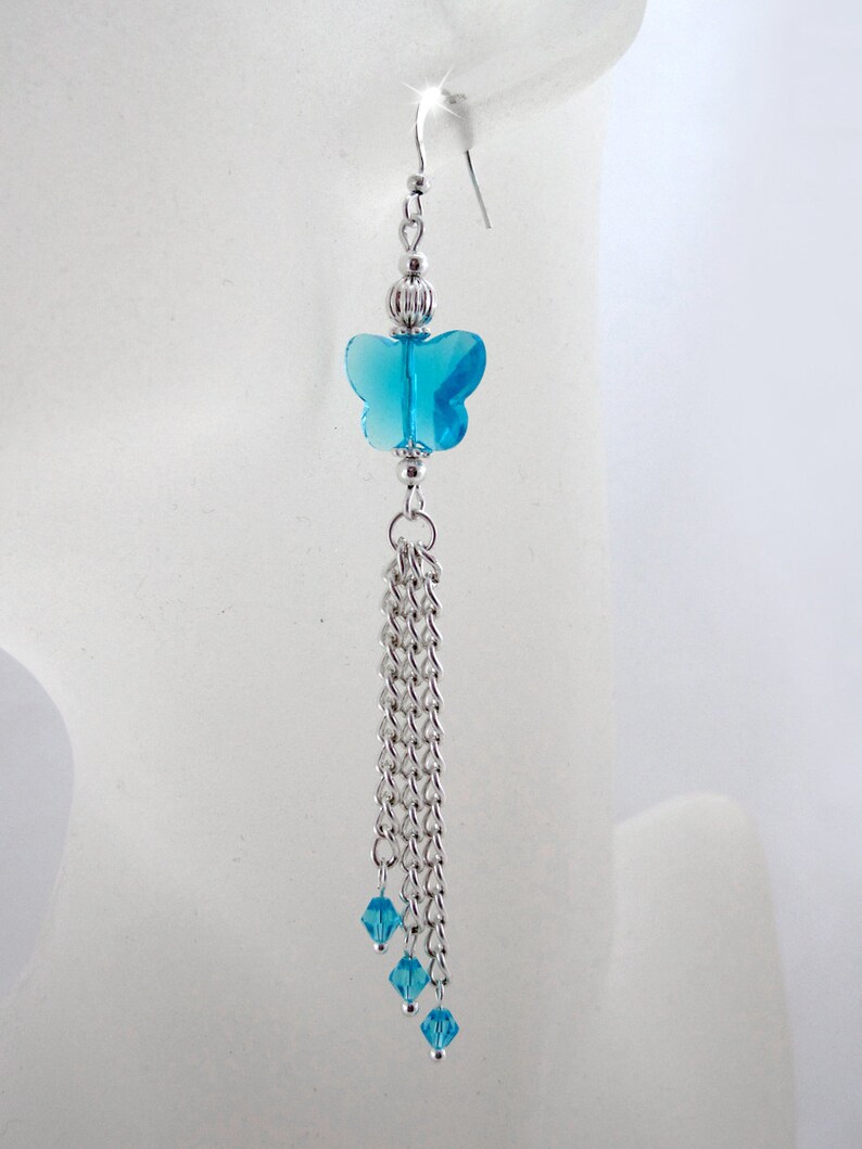 blue crystal long earrings December Birthstone earrings crystal butterflies wedding Jewelry tassel earrings Blue Butterfly Earrings