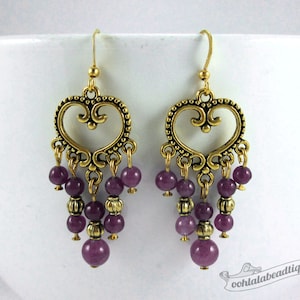 Violet chandelier earrings purple earrings birthstone jewelry boho earrings gypsy long earrings hippie agate earrings gold gift for wife image 1