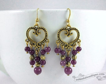 Violet chandelier earrings purple earrings birthstone jewelry boho earrings gypsy long earrings hippie agate earrings gold gift for wife