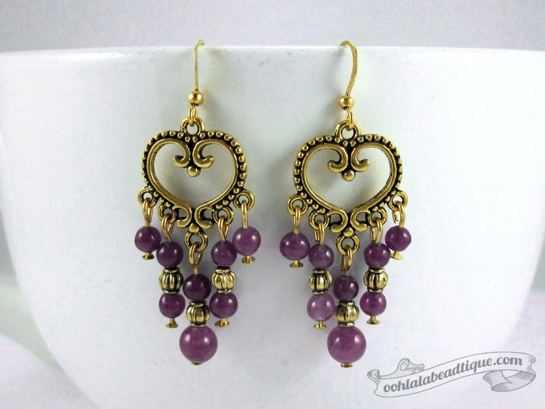 Violet chandelier earrings purple earrings birthstone jewelry boho earrings gypsy long earrings hippie agate earrings gold gift for wife image 1