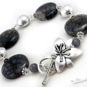Black Agate Bracelet, black bracelet, birthstone bracelet, gemstone bracelet, black jewelry, flower bracelet, coin bracelet, gift for her image 1
