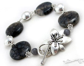 Black Agate Bracelet, black bracelet, birthstone bracelet, gemstone bracelet, black jewelry, flower bracelet, coin bracelet, gift for her