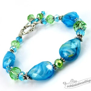 Blue Green Lampwork Bracelet blue bead bracelet birthstone jewelry gift holiday bracelet murano glass bracelet gift for her bling jewelry image 5