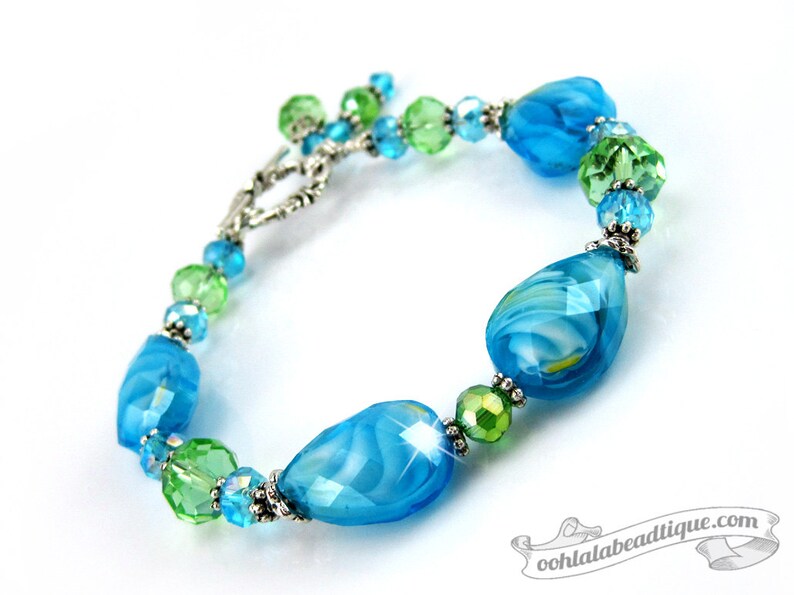 Blue Green Lampwork Bracelet blue bead bracelet birthstone jewelry gift holiday bracelet murano glass bracelet gift for her bling jewelry image 5