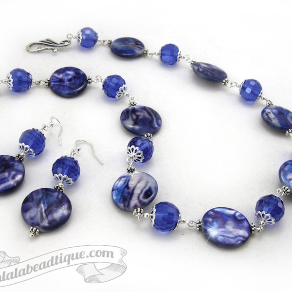 Boucles d’oreilles collier en nacre bleue ensemble collier bleu bijoux en coquillage collier de pièce de monnaie bleue cravate colorant impression bijoux ensemble collier de vacances cadeau