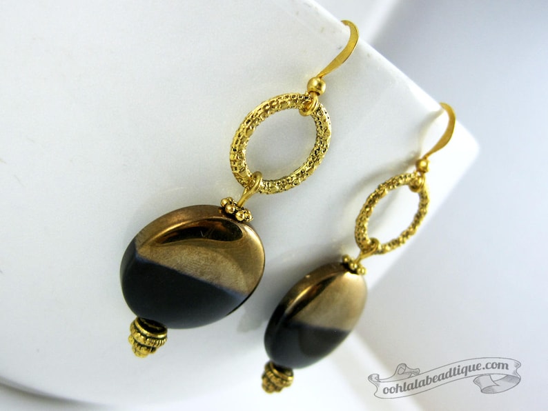 Black Gold earrings black coin earrings statement jewelry circle earrings glass jewelry boho earrings golden wife gift for girlfriend image 3