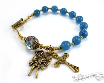 Blue Rosary bracelet with St Michael medal single decade rosary Confirmation gifts Catholic Rosaries gold rosary Catholic jewelry religious