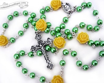 Green Pearl Rosary catholic rosaries holy communion rosary confirmation gift catholic rosary green rosaries yellow rose rosary necklace