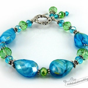 Blue Green Lampwork Bracelet blue bead bracelet birthstone jewelry gift holiday bracelet murano glass bracelet gift for her bling jewelry image 1