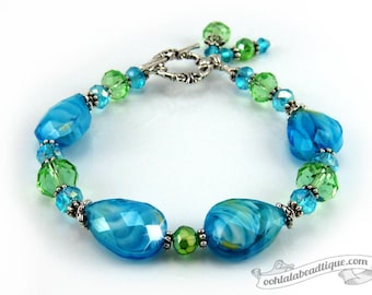 Blue Green Lampwork Bracelet blue bead bracelet birthstone jewelry gift holiday bracelet murano glass bracelet gift for her bling jewelry