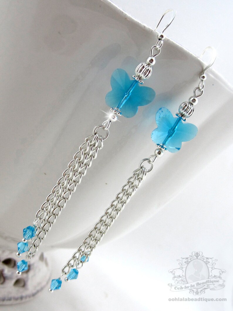 blue crystal long earrings December Birthstone earrings crystal butterflies wedding Jewelry tassel earrings Blue Butterfly Earrings