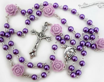 Purple rose rosary necklace, purple pearl rosary, confirmation rosary, holy communion gift, baptism rosary, ladies rosary, catholic rosary