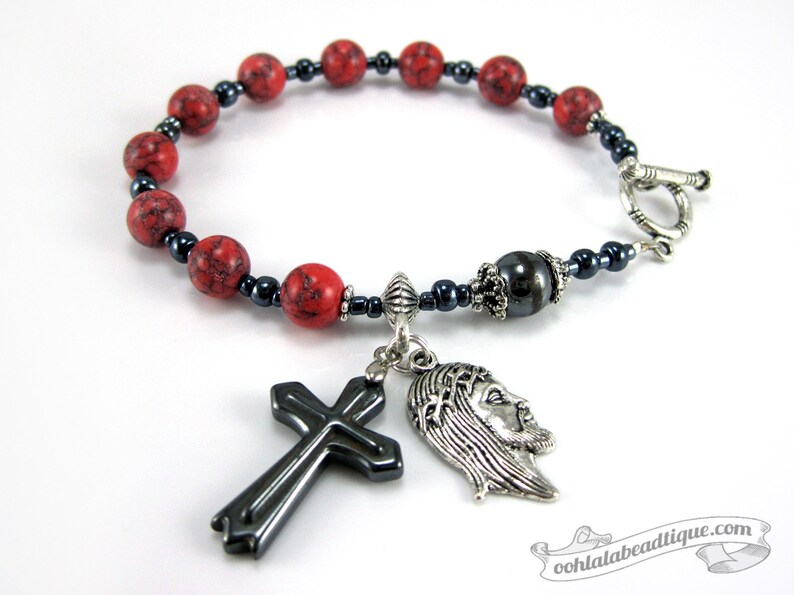Red Howlite rosary Bracelet red rosary single decade rosary Catholic Rosary Confirmation gifts Catholic bracelet jewelry christian bracelet image 1