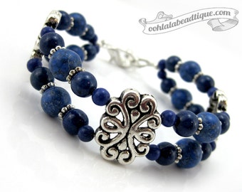 Lapis Lazuli bracelet, bohemian jewelry, blue bracelet, lapis jewelry, beaded bracelet, navy bracelet, two row bracelet, blue howlite, gift