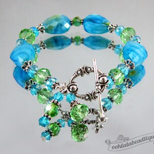Blue Green Lampwork Bracelet blue bead bracelet birthstone jewelry gift holiday bracelet murano glass bracelet gift for her bling jewelry image 4