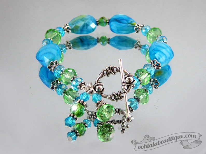 Blue Green Lampwork Bracelet blue bead bracelet birthstone jewelry gift holiday bracelet murano glass bracelet gift for her bling jewelry image 4