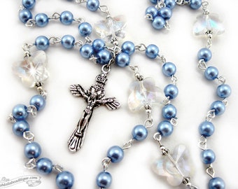 Butterfly Rosary blue pearl rosary communion rosaries confirmation rosary catholic gift baptismal rosary necklace rosaries for children