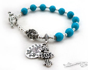 Miraculous Medal Rosary Bracelet, catholic rosary, blue rosaries, turquoise rosary, catholic bracelet, one decade rosary, catholic jewelry