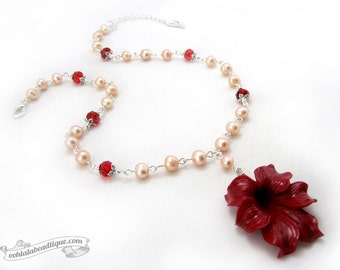 Freshwater pearl necklace with red flower pendant pink necklace pink pearls necklace wedding jewelry bridesmaids necklace wedding gift