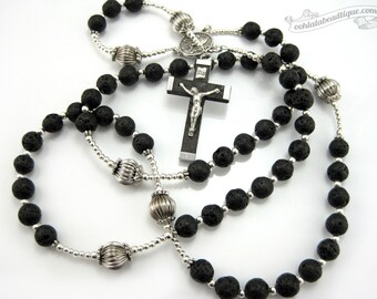 Mens Black Rosary first communion gift mens rosaries catholic gift confirmation rosary lava rock rosaries John Paul II rosary catholic