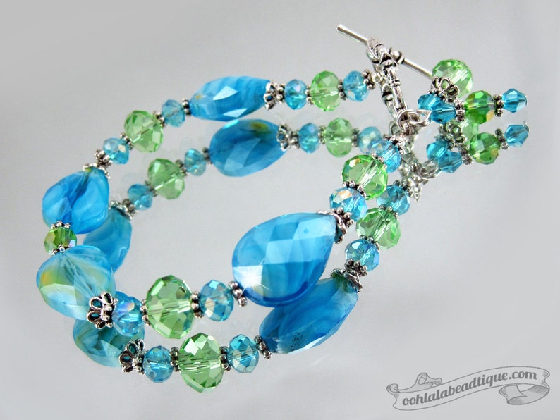 Blue Green Lampwork Bracelet blue bead bracelet birthstone jewelry gift holiday bracelet murano glass bracelet gift for her bling jewelry image 2