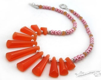 Orange cats eye necklace, geometric necklace collar, statement necklace, boho jewelry, pearl necklace, necklace choker, orange necklace